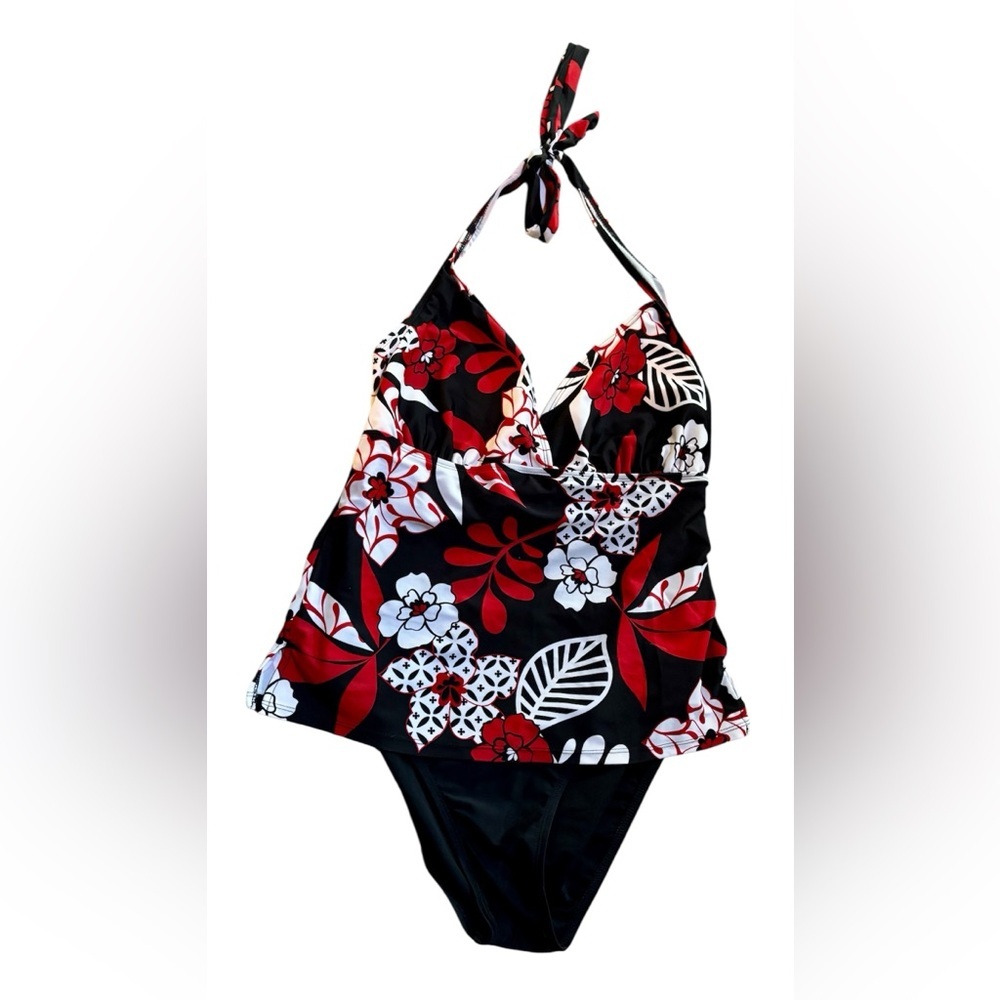 🏝️Sun Secrets One Piece Halter Swimsuit Made in USA Floral Red Black & White 🏝️